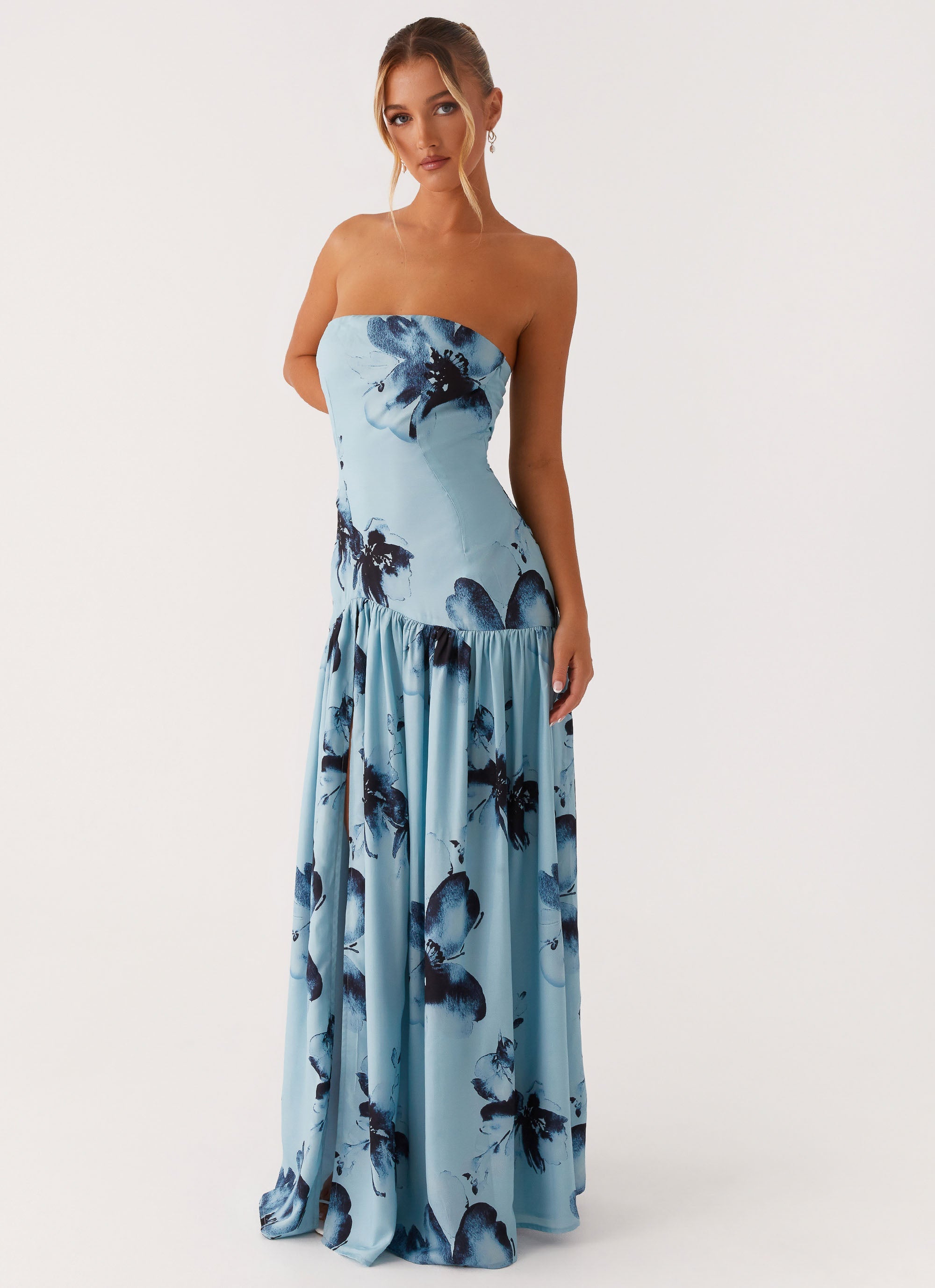 Eden Strapless Maxi Dress - Blue Black Floral