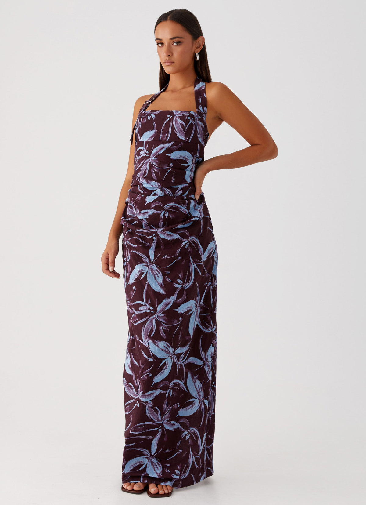 Fauna Halter Maxi Dress - Brown Purple Floral